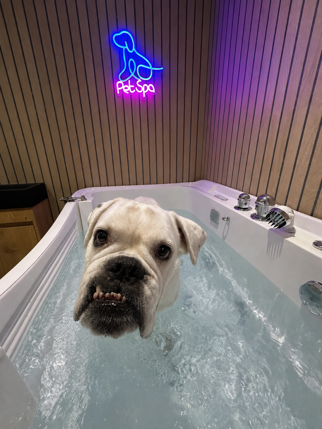 Un chien noir et blanc avec un collier orange est assis dans une baignoire blanche en extérieur, avec le logo 'AROM'TERRAPET' en arrière-plan