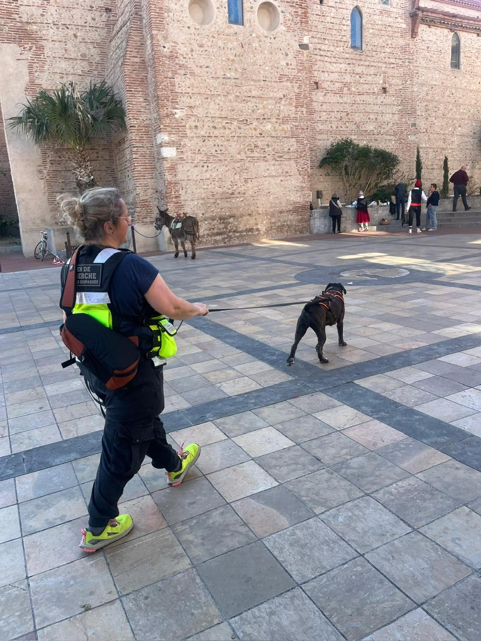 Une femme en tenue de recherche tient un chien en laisse sur une place pavée, avec un âne et des passants en arrière-plan