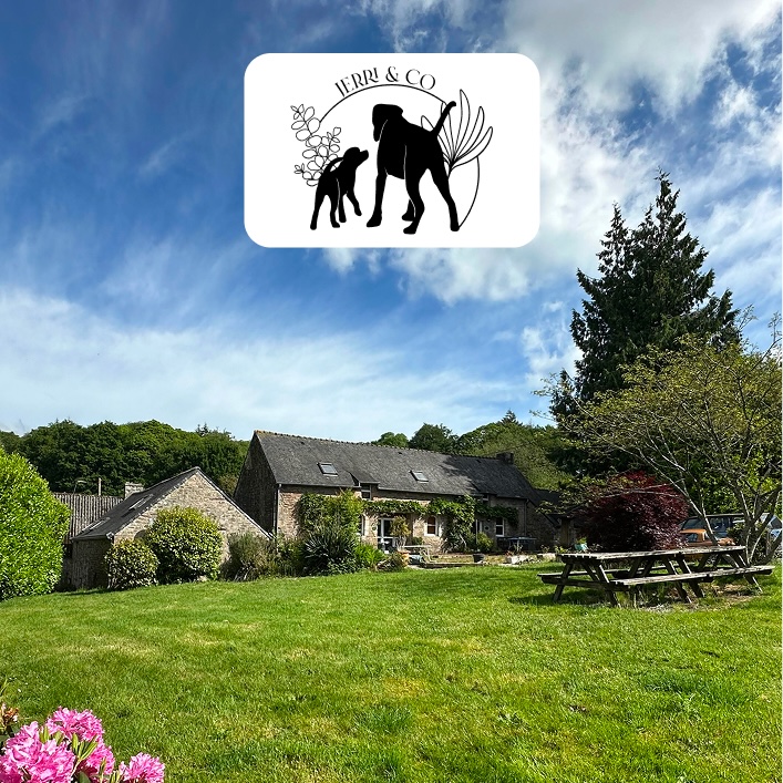 photo de la pension canine Jerri&Co avec le jardin en premier plan et le logo par dessus l'image